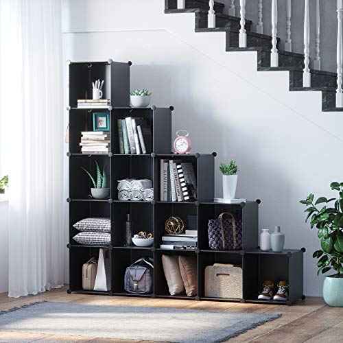 C&AHOME Cube Storage Organizer, 16-Cube Shelves Units, Plastic Storage Cubes, DIY Closet Organizer, Modular Closet Storage Shelves Ideal for Home, Bedroom, 48.4" L ¡¿ 12.4" W ¡¿ 48.4" H Black SUM3016H