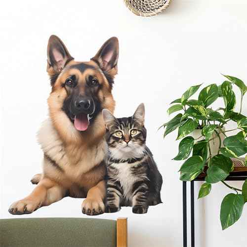 Cozy German Shepherd Tabby Wall Stickers, sacinora Cute Kitten Dog Cat House Pet Wall Decals Removable Vinyl Peel and Stick for Pet House Living Room Bedroom Nursery Art Home Decorations