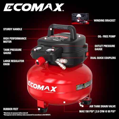 ECOMAX Air Compressor 6 Gallon 150 PSI Pancake Portable Oil-free Tank with 10 PCS Accessories Kit