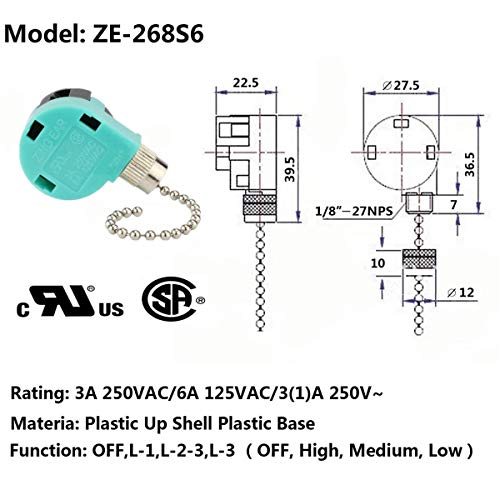 DAYONE ZE-268S6 Nickel Ceiling Fan Switch 3 Speed 4 Wire Replacement - Pull Chain Control