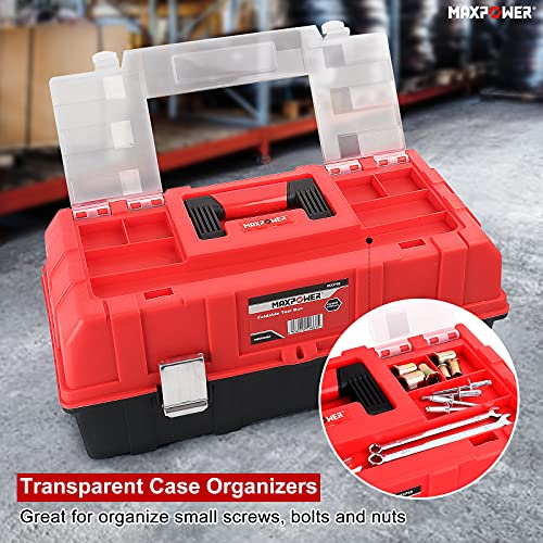 MAXPOWER 16-Inch 3-Tier Folding Tool Box with Clear Dividers & Stainless Steel Latches