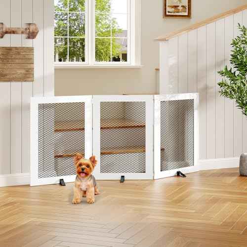 Freestanding Dog Gate Indoor, Foldable Wooden Pet Gate for The House Stairs Doorways, 4 Panels Tall Dog Fence with Support Feet, 59.5"W x 31.5"H, Extra Wide Step Over Fence, White DGHW80101
