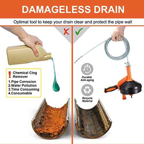 Drain Auger, Clog Remover with Drill Adapter, 25 Feet Flexible Plumbing Snake Use Manually or Powered for Kitchen,Bathrom and Shower Sink, Comes with Gloves (orange)