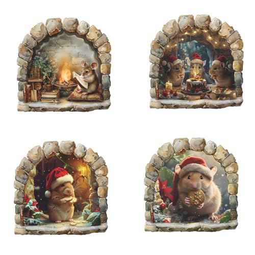 4 Sheets Christmas Realistic 3D Mouse Hole Wall Decals Cute Mouse in Hole Wall Stickers Removable Funny Mouse Hole Wall Stickers for Wall,Home,Kids Room, Living Room, Bedroom,Nursery Decor