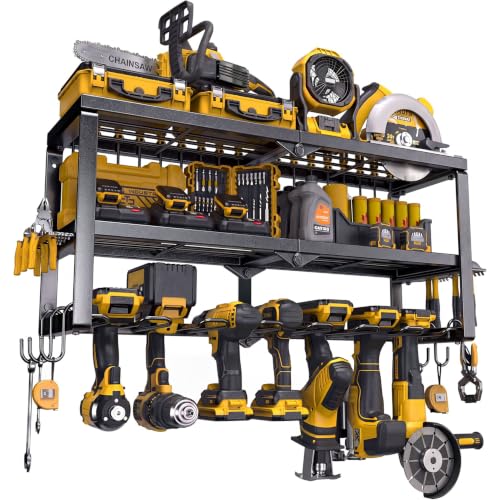 Spampur Power Tool Organizer Wall Mount with 3 Shelves & 7 Slots - Heavy Duty Metal Garage Storage Rack with Battery & Tool Holders