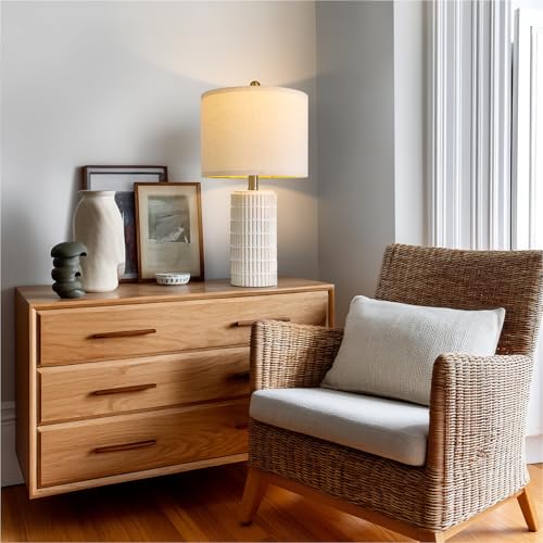 PoKat 20.75" Small Ceramic Table Lamps Set of 2 - Beige & White Modern Bedroom Lighting