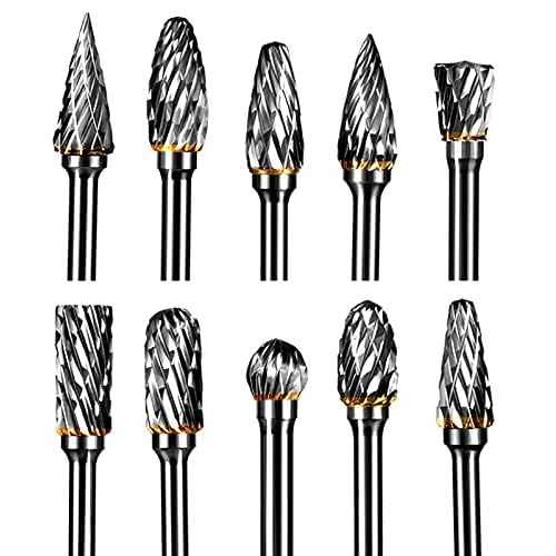 10 Pieces Tungsten Carbide Double Cut Rotary Burr Set with 3 mm (1/8 Inch) Shank and 6 mm (1/4 Inch) Head Size