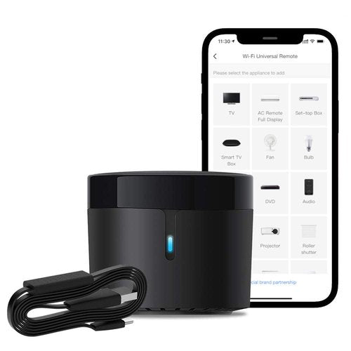 BroadLink RM4 Mini Smart Remote and Sensor Cable Set RM4 Mini S (2.4 GHz Wi-Fi Only), Universal IR Remote Control Hub with Temperature Humidity Monitor USB Cable, Works with Alexa