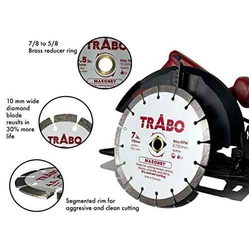 Trabo 4.5 Inch Masonry Segmented Rim Diamond Bond Blade for Cutting Cement, Pavers, Concrete with Rebar, Natural Stone and More, with 7/8 Inch Arbor with 5/8 Inch Reducer Ring