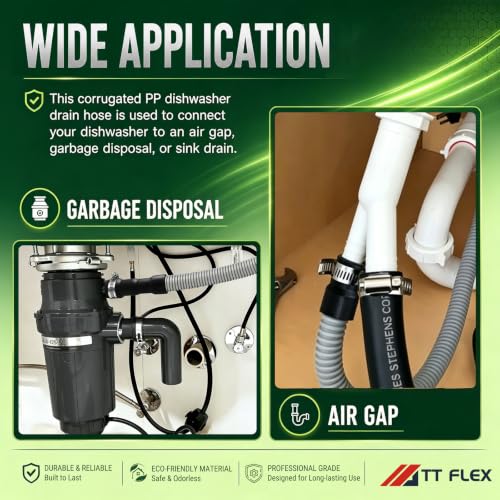 TTFLEX 6 ft Dishwasher Drain Hose — Flexible, Adjustable Inner Diameters 11/16, 1, 1-1/8 in