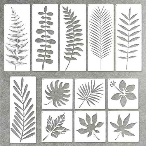 12PCS Tropical Leaf Stencils - 14.7" Long Reusable Palm & Fern & Maple Leaf Stencils for Painting on Paper, Walls, Furniture, Canvas, Wood, Scrapbooking, Home Wall Decor & DIY Art Crafts