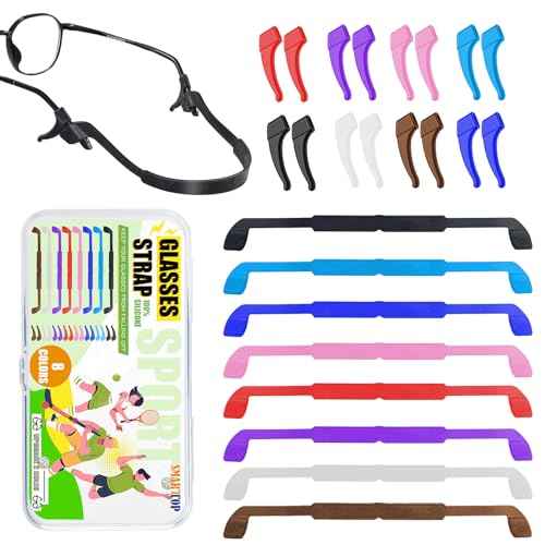 Kids Glasses Strap with Storage Box, 8 Pack Eyeglass Sunglasses String Strap Holder Eyewear Retainer, Silicone Elastic Sports Toddlers Glasses Strap with Ear Grips 8 Colors