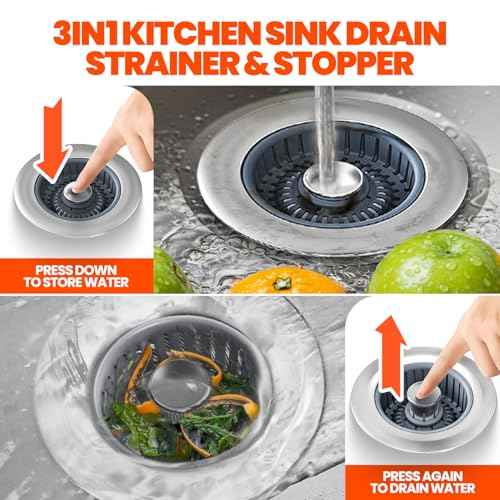 Kitchen Sink Drain Strainer & Sink Stopper, Upgraded 3 in 1 Stainless Steel Drain Plug Combo with Anti-Clog Basket, Pop Up Drain Cover for Standard 3-1/2'', Fits Double Bowl Kitchen Sinks