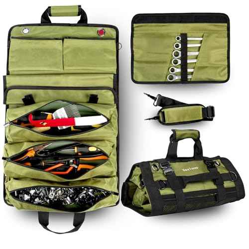 Tool Roll Bag with Metal Quick Release Buckle | Heavy Duty Tool Roll Bag Organizer | Canvas Roll-Up Organizer | Mechanics & Motorcycle Tool Bag Detachable Pouches | Roll Up Tool Bag Organizer