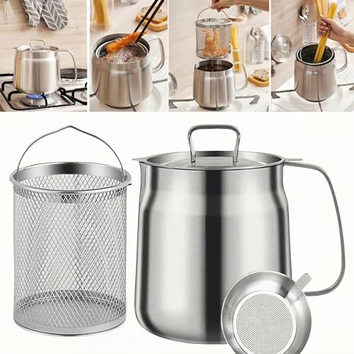 50oz 304 Stainless Steel Deep Fryer Pot with Basket & Strainer, Large Capacity Oil Filter Container (1.5L / 1.7Qt) – GADO, 1.6 Quarts Variation