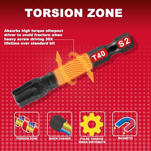 5 Pieces T40 2 In. Impact Tough Magnetic Insert Bit Set, #40 Torx Head Power Bits, S2 Alloy Steel Star T40 Screwdriver Bits Set