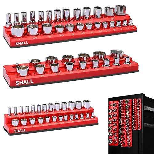 SHALL Magnetic Socket Organizer Set, 3-Piece SAE Socket Holders Include 1/4", 3/8", 1/2" Drive Socket Trays, Holds 68 Pieces Standard and Deep Size Sockets for Toolbox (Socket Not Included)