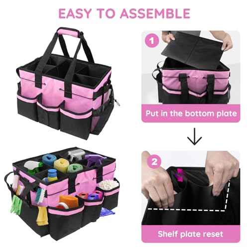 ZKOO Large Cleaning Caddy Bag with Handle, Built-in Sturdy Support Board, Adjustable Shoulder Strap, Multi-compartment Design Cleaning Supply Tote for Cleaners & Housekeepers (Pink)