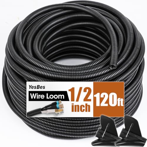 YesBes 120 ft Black Split Wire Loom 1/2 Inch Conduit for Electrical & Automotive
