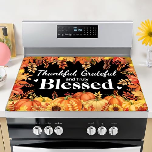 Thankful Grateful And Truly Blessed Stove Top Cover 28x20 Inch | Fall Heat-Resistant Glass & Silicone Protector