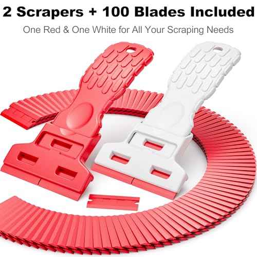 Dual-Width Plastic Razor Blade Scraper Tool Non Scratch - 2-Pack With 100 Blades, Single Or Double Wide Head, Removes Stickers, Labels, Decals, Adhesive & Paint On Glass, Cooktops, Car Windows & Tiles