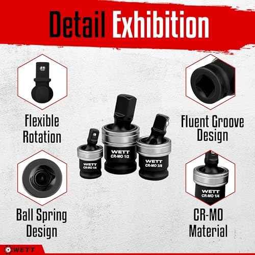 WETT 3-Piece Impact Universal Joint Set, 1/2", 3/8" and 1/4" Drive Socket Swivel Adapter Set, Impact Grade Wobble Sockets, U-Joint Sockets, CR-MO Steel