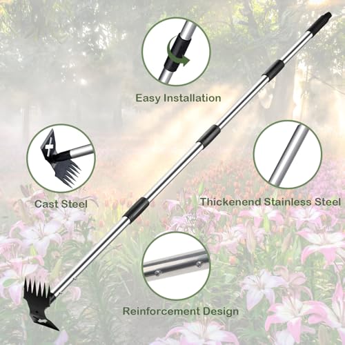NICOFPHY Long Handle Weed Puller Tool with Heavy Duty Hoe & Rake