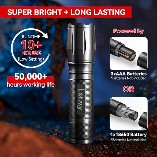 LETMY Black 2 Pack Tactical LED Flashlights - High Lumens Waterproof 5 Modes
