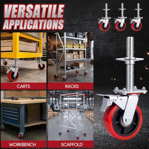 4 Pack 6 Inch Heavy-Duty Adjustable Scaffolding Caster Wheels with Brakes