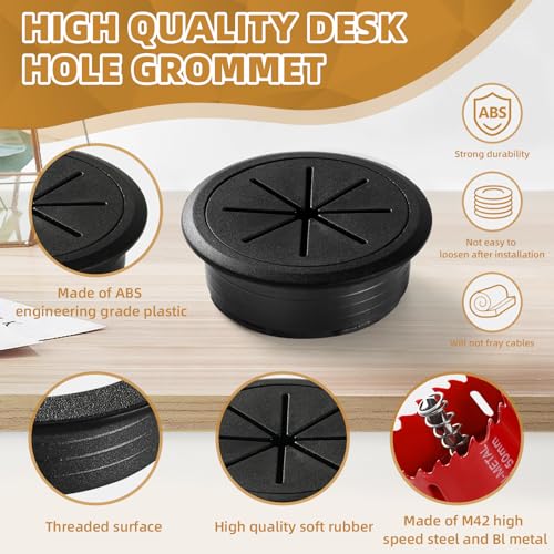 XIOGZAXI 2 Inch Black Desk Grommet Set for Cables - 8 Pieces with Hole Saw