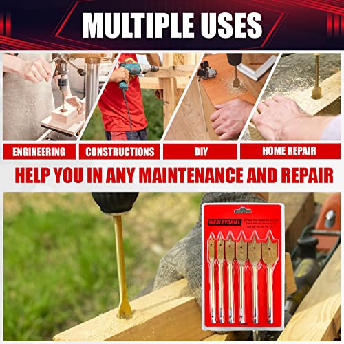 6PCS Spade Drill Bit Set Paddle Flat Bits 3/8"-1" Flat Wood Hole Cutter Fit for Most Types of Wood as Well as Fiberglass