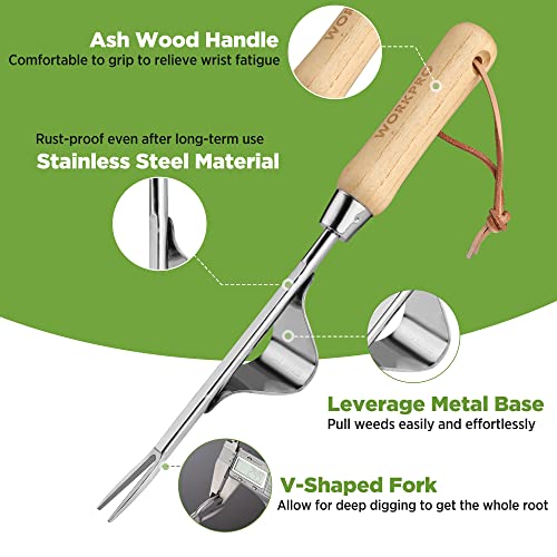 WORKPRO Weed Puller Tool, Metal Leverage Base and V-Shaped Forks for Easy Weed Removal & Deeper Root Digging, Heavy Duty Stainless Steel with Wood Handle, Manual Hand Weeder for Gardening