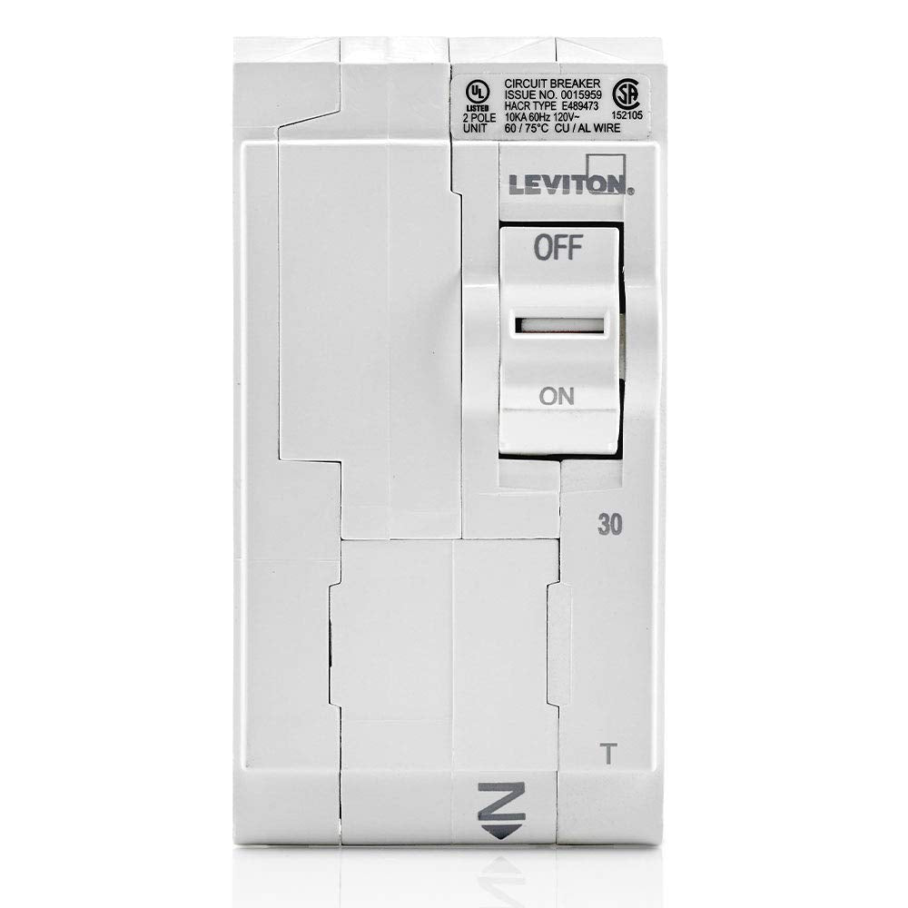 Leviton LB230-T 30A 2-Pole Plug-On Standard Branch Circuit Breaker, Thermal Magnetic, 120/240 VAC, White