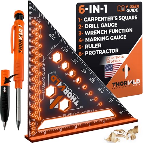 THORVALD 6-in-1 Carpenter Square with Pencil - 7 Inch Precision Multi-Tool for Woodworking