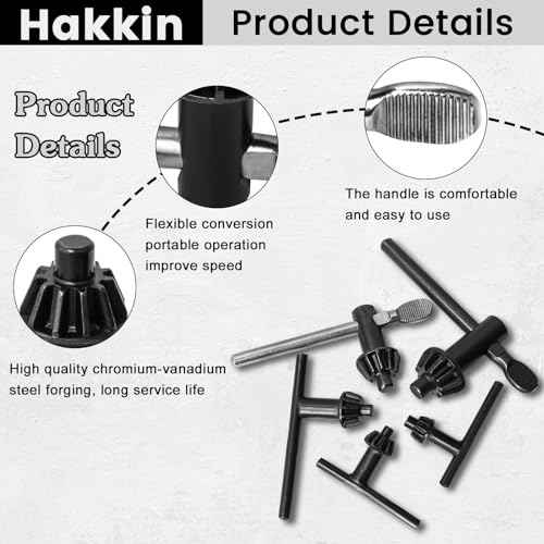 5PCS Drill Chuck Key Wrench 3/4" 5/8" 1/2" 3/8" 1/4" Carbon Steel Heavy Duty Thumb Handle Replacement Drill Clamping Wrench for Electric Drill Clamping Tool