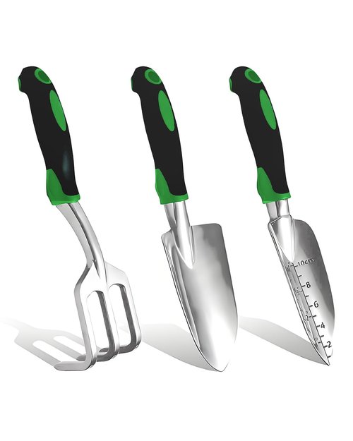 3Pcs Garden Tools, Heavy Duty Cast-Aluminum Garden Tool Set with Hand Trowel, Transplant Trowel, Cultivator Rake, Soft Rubber Ergonomic Non-Slip Handle, Ideal Gardening Gifts for Home Gardeners