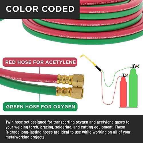 Master Elite 25' Oxygen Acetylene Hose Welding Set - Twin 1/4" B Fittings (9/16¡±-18) - Green Red, Grade R Oxy Acetylene Hoses, Cutting Torch Hose for Cutting Metal