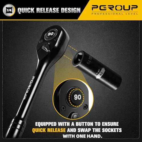 1/4-Inch Drive Ratchet Wrench, 90 Tooth Reversible Ratchet, 4-Degree Swing, Ergonomic Handle, Chrome Alloy Made, Quick Release Ratchet Wrench for Repairing, Home, DIY