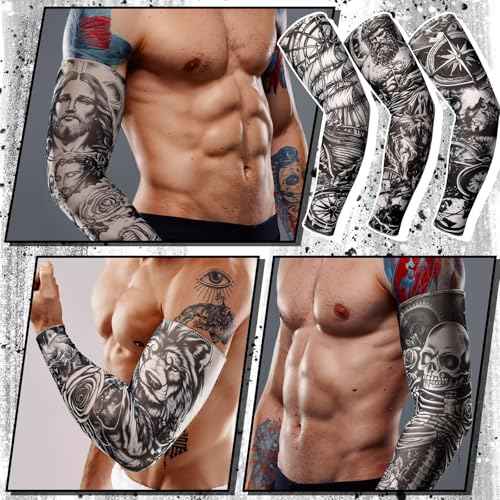Boao 12 Pcs Temporary Tattoo Sleeve for Men Cooling Arm Sleeves Long Fingerless Arm Cover Anti Slip UV Protection Sun