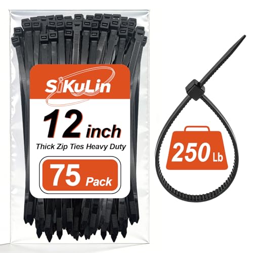 SiKuLin Heavy Duty Zip Ties 12 Inch Black 75 Pack - 250 lb UV Resistant Cable Ties
