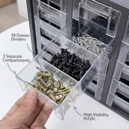 Nut and Bolt Organizer with 24 Clear Drawers & 48 Adjustable Dividers, Black (Generic Brand)