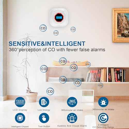 Carbon Monoxide Detectors, Portable CO Alarm Detector with LCD Display and Sound Warning, Replaceable Battery Powered for Home, Travel