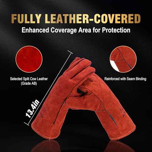 14 Inch Welding Gloves with Soft Fleece Lined Palm, 932¢µ Heat/Fire Resistant Leather For Mig,Tig,Stick,BBQ,Fireplace