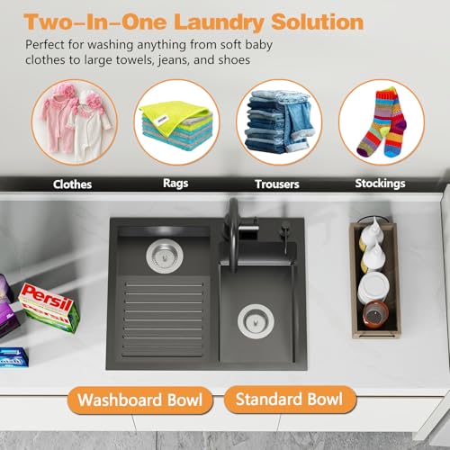 FAUENPEEY Black Stainless Steel Laundry Sink with Washboard 23.6x18.9-Inch Double Bowl