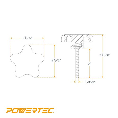 POWERTEC 5 Pack 1/4"-20 5 Star Knobs with 2" Threaded Stud, Thumb Screw Knobs with bolts for Lawn Mower, Umbrella Base, Woodworking Tools & Jigs, Clamps (QNB3010)