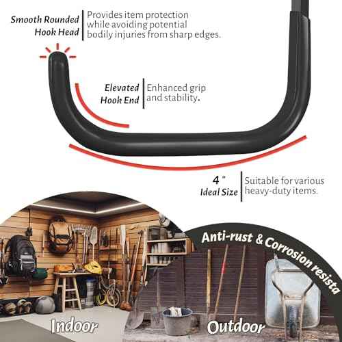 Garage Hooks 4 Inch, 6 Pack Heavy Duty Wall Hooks for Hanging, Ladder Hangers for Garage Wall Mount, Steel J Utility Garden Hose Holder Tool Organizers and Storage(55lbs)