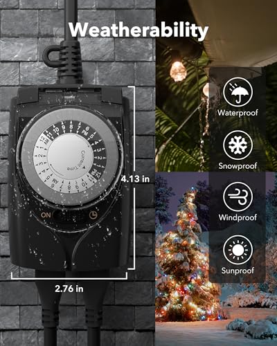 HBN 1 Pack Outdoor Waterproof Mechanical Timer Outlet for Christmas & Holiday Lights