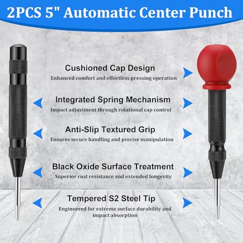 3PCS 6" and 5" Automatic Center Punch with 3PCS Replacement Tip, Adjustable Spring Loaded Center Punch, Center Hole Punch Tool for Wood, Metal, Plastic, Stone and Glass