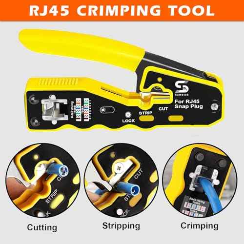 RJ45 Crimp Tool Pass Through Crimper, All in One Crimping Tool Ethernet Cable Crimper Stripper for Cat6a Cat6 Cat5 Cat5e, Cuts, Strips, Crimps Pass Through Connectors