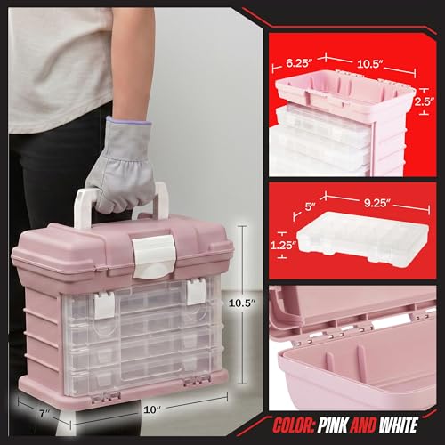 Stalwart Pink Portable Tool Box with 4 Drawers – Multiuse Organizer